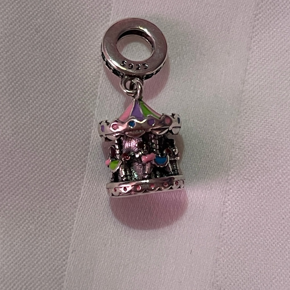 Pandora Sterling Silver 925 Carousel Charm Pendant w/Pink, Blue, Green Accents